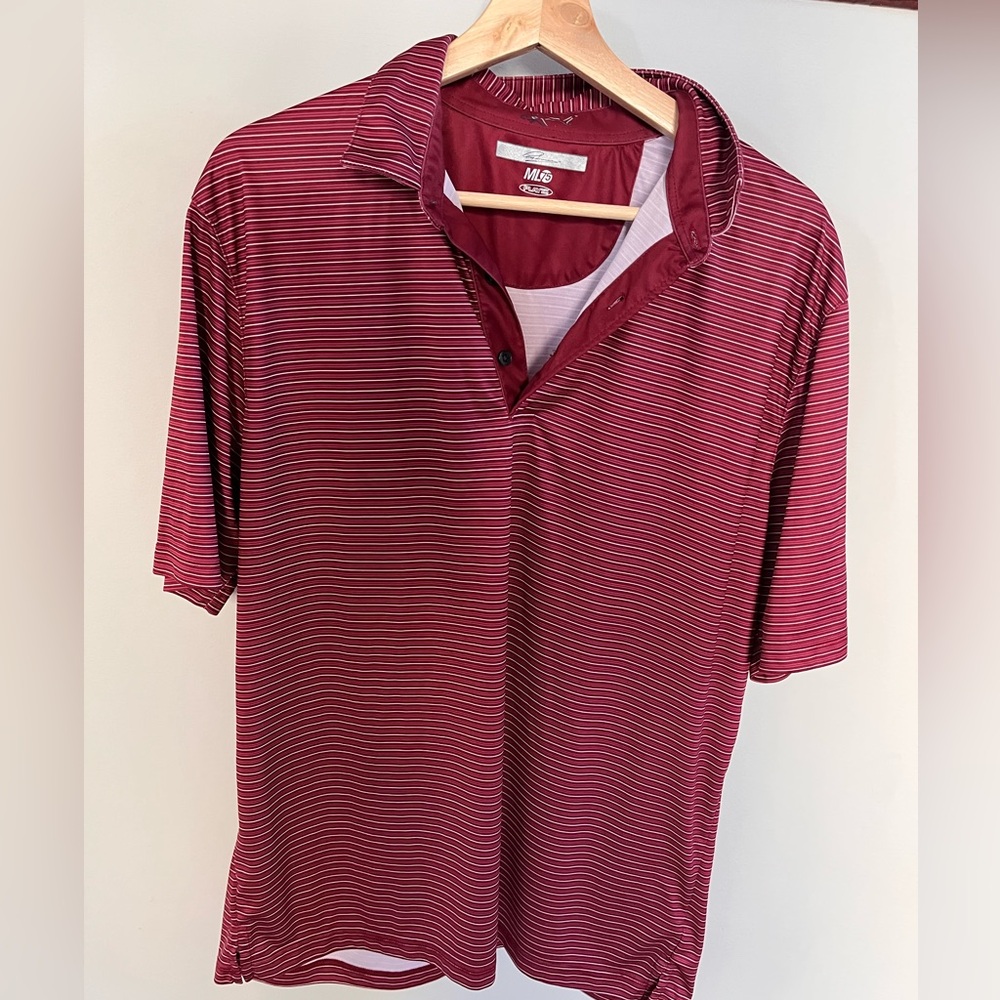 Greg Norman ML75 Play Dry Golf Polo Mens Large Maroon Striped Short Sleeve Shirt